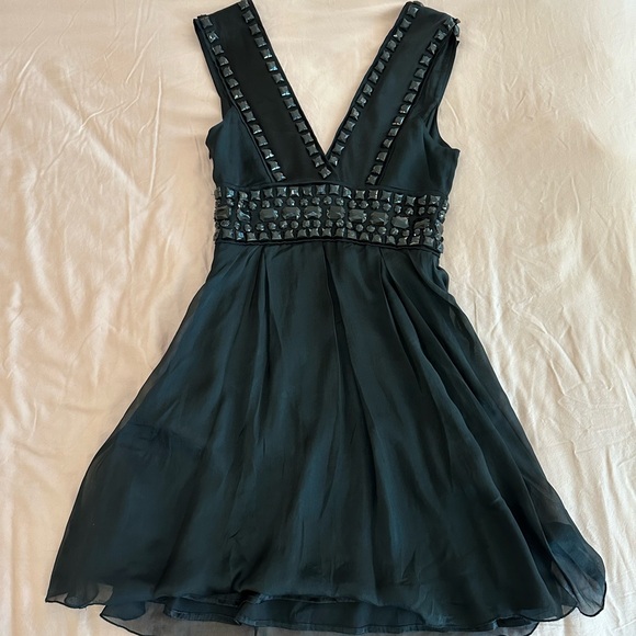 Bebe Black Bejeweled Silk V-Neck Mini Dress - Picture 3 of 3